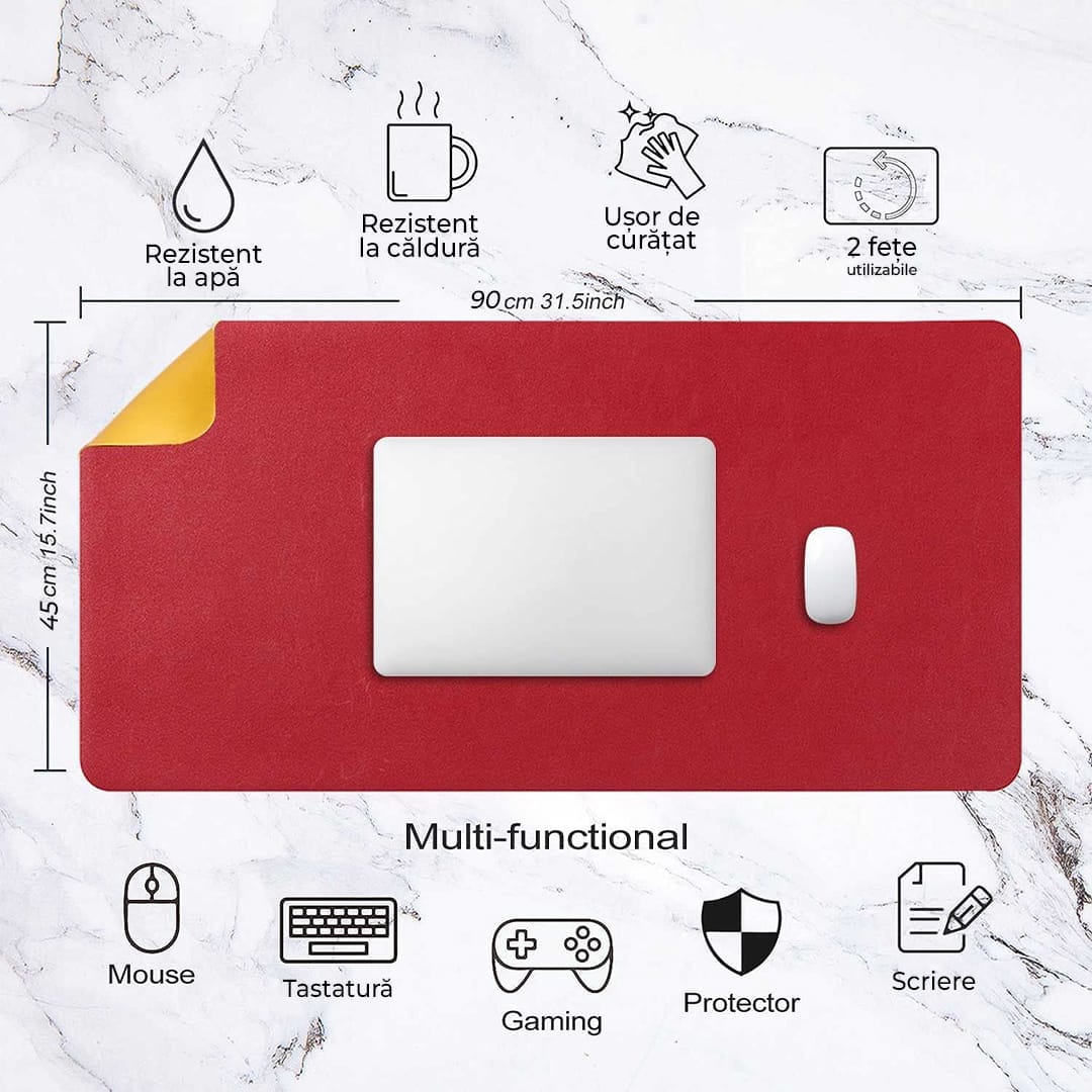 Mousepad gaming XXL cu doua fete din piele pu, 90x45, impermeabil