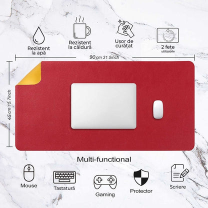 Mousepad gaming XXL cu doua fete din piele pu, 90x45, impermeabil