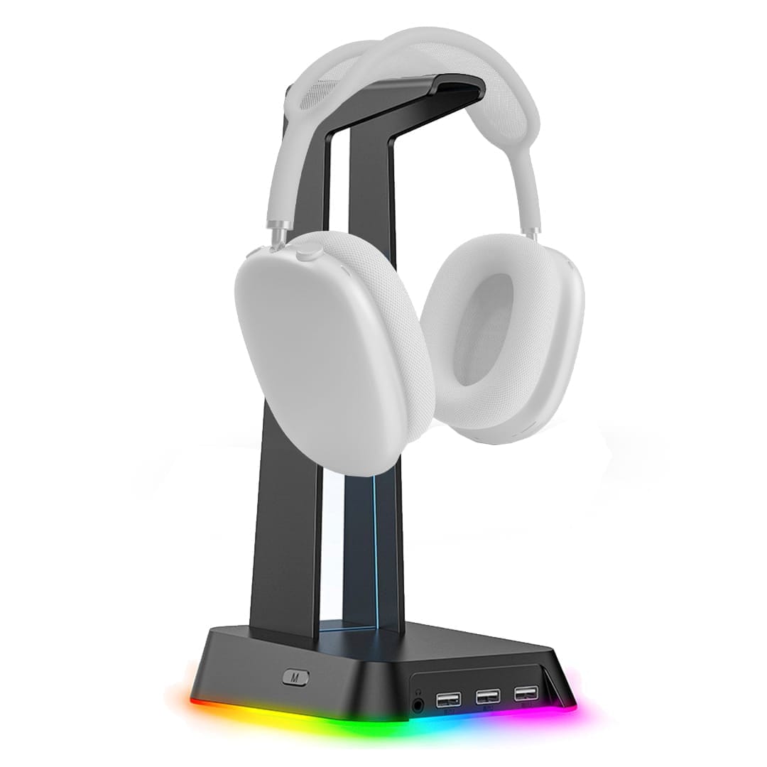 Suport casti gaming cu lumina RGB, 3 porturi USB, Anti-Slip, Negru