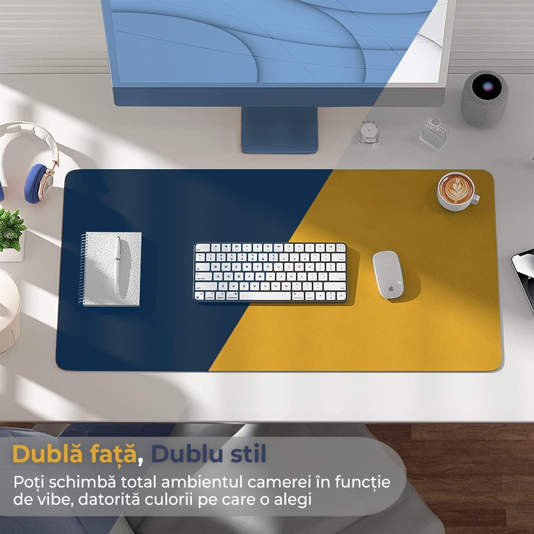 Mousepad gaming XXL cu doua fete din piele pu, 90x45, impermeabil