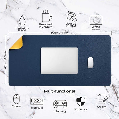 Mousepad gaming XXL cu doua fete din piele pu, 90x45, impermeabil