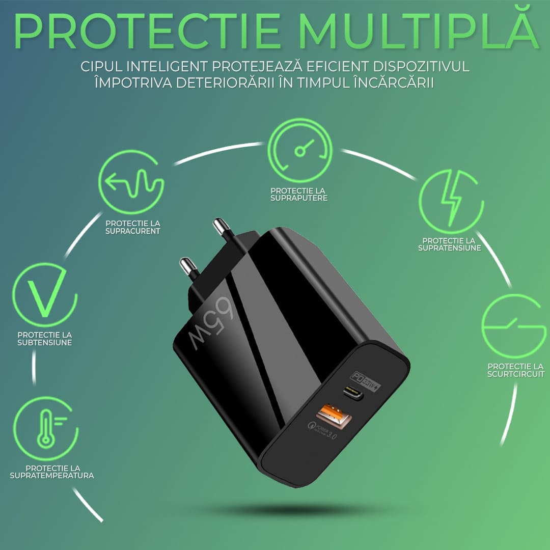 Incarcator Retea, 2 Porturi, 65W, 1 x USB, 1 x Type-C, Negru
