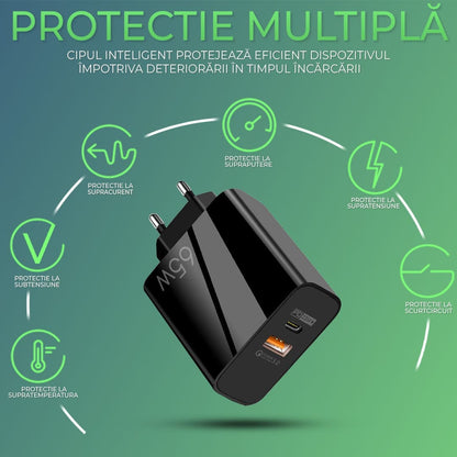 Incarcator Retea, 2 Porturi, 65W, 1 x USB, 1 x Type-C, Negru