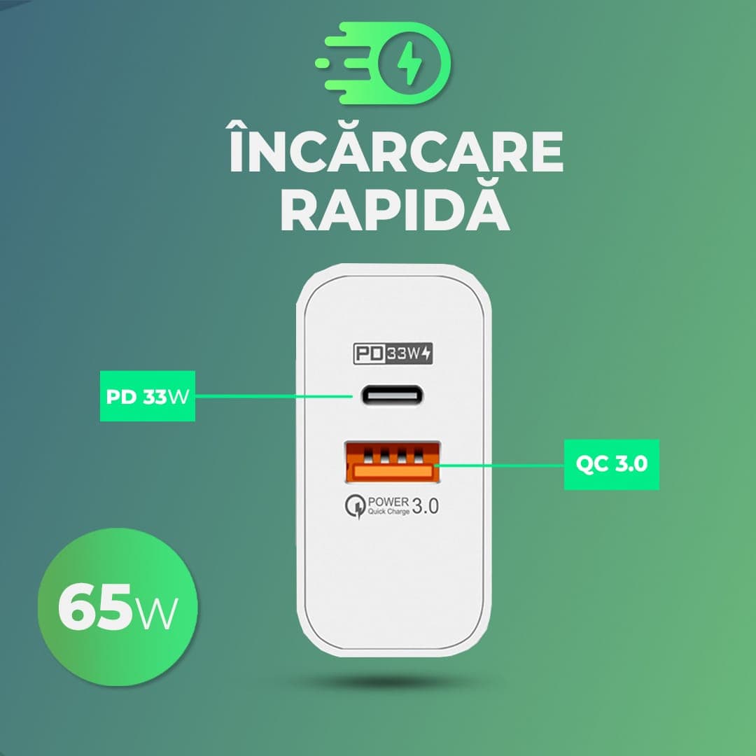 Incarcator Retea, 2 Porturi, 65W, 1 x USB, 1 x Type-C, Negru