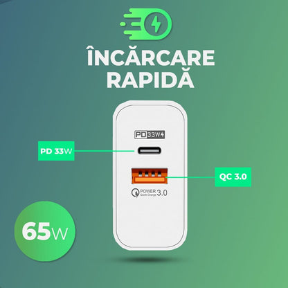 Incarcator Retea, 2 Porturi, 65W, 1 x USB, 1 x Type-C, Negru