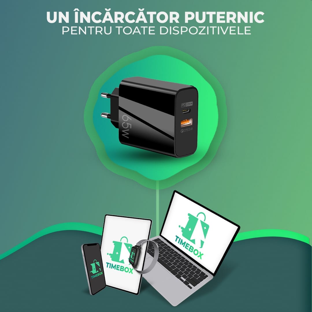 Incarcator Retea, 2 Porturi, 65W, 1 x USB, 1 x Type-C, Negru