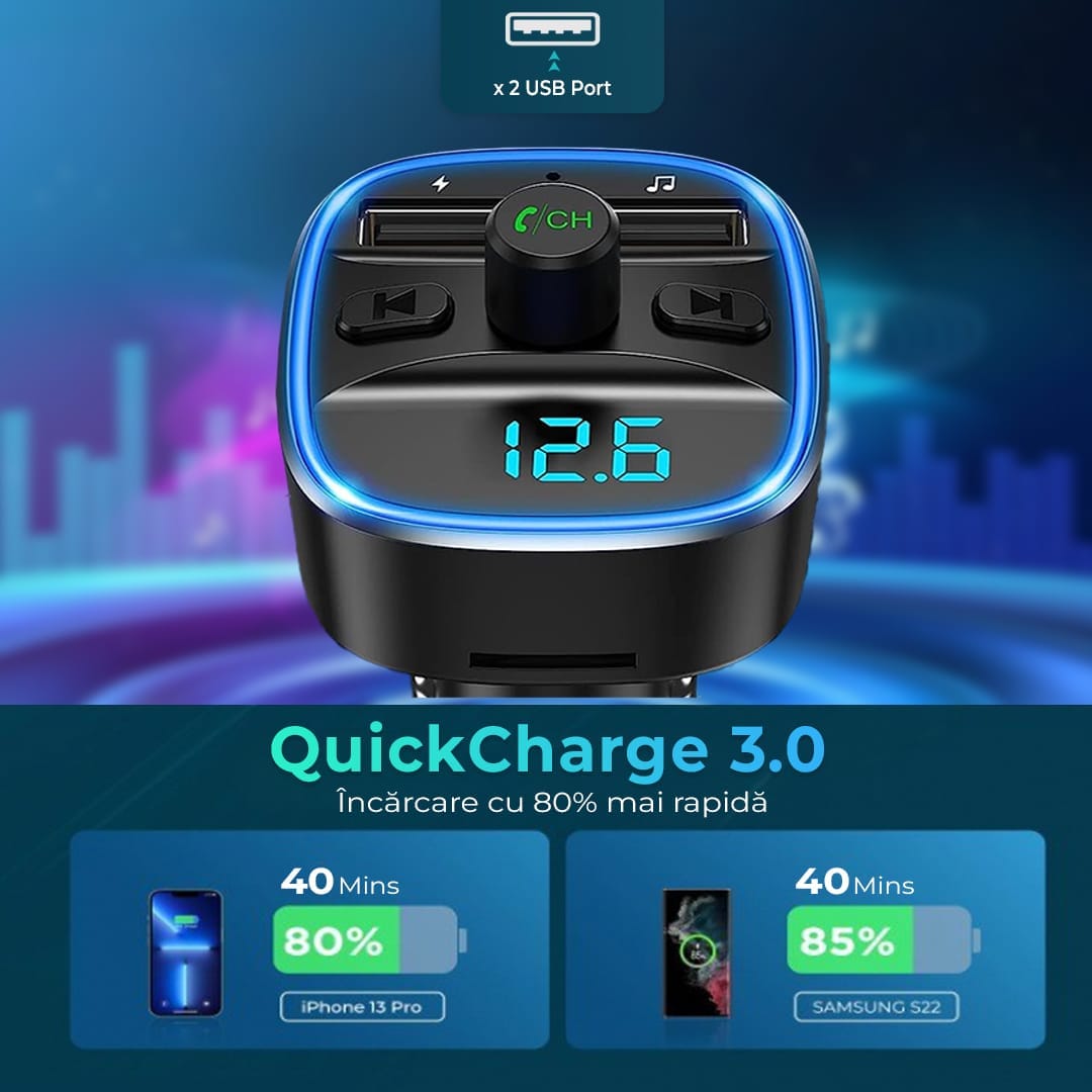 Modulator FM, Bluetooth 5, incarcator auto cu quickcharge 3, Port USB