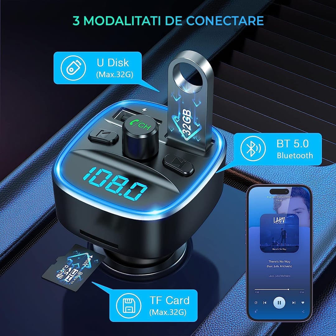 Modulator FM, Bluetooth 5, incarcator auto cu quickcharge 3, Port USB
