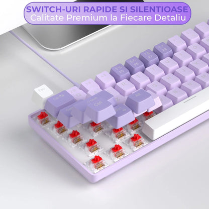 Set Tastatura Mecanica Gaming Timebox, Violet Switch, 60%, Hot-Swap, Wireless, Alb
