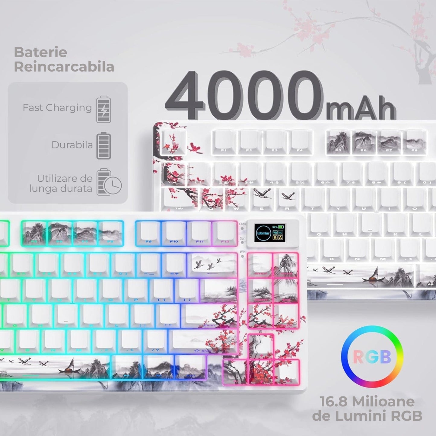 Tastatura Mecanica Wireless Timebox, 75%, Hot-Swap, Gasket, Alb