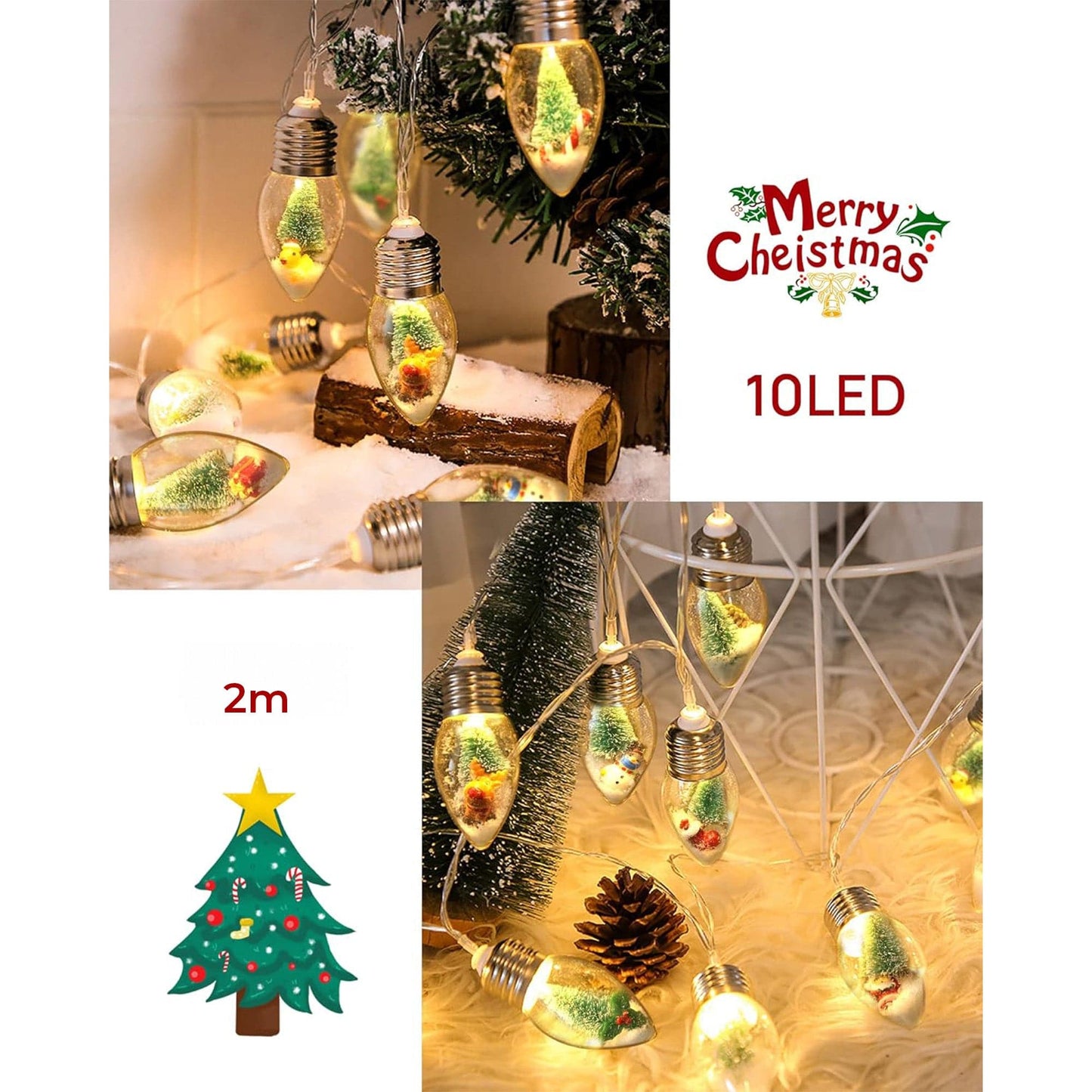 Instalatie Craciun, 10 becuri LED Snow Globe, Decor cu braduti si zapada
