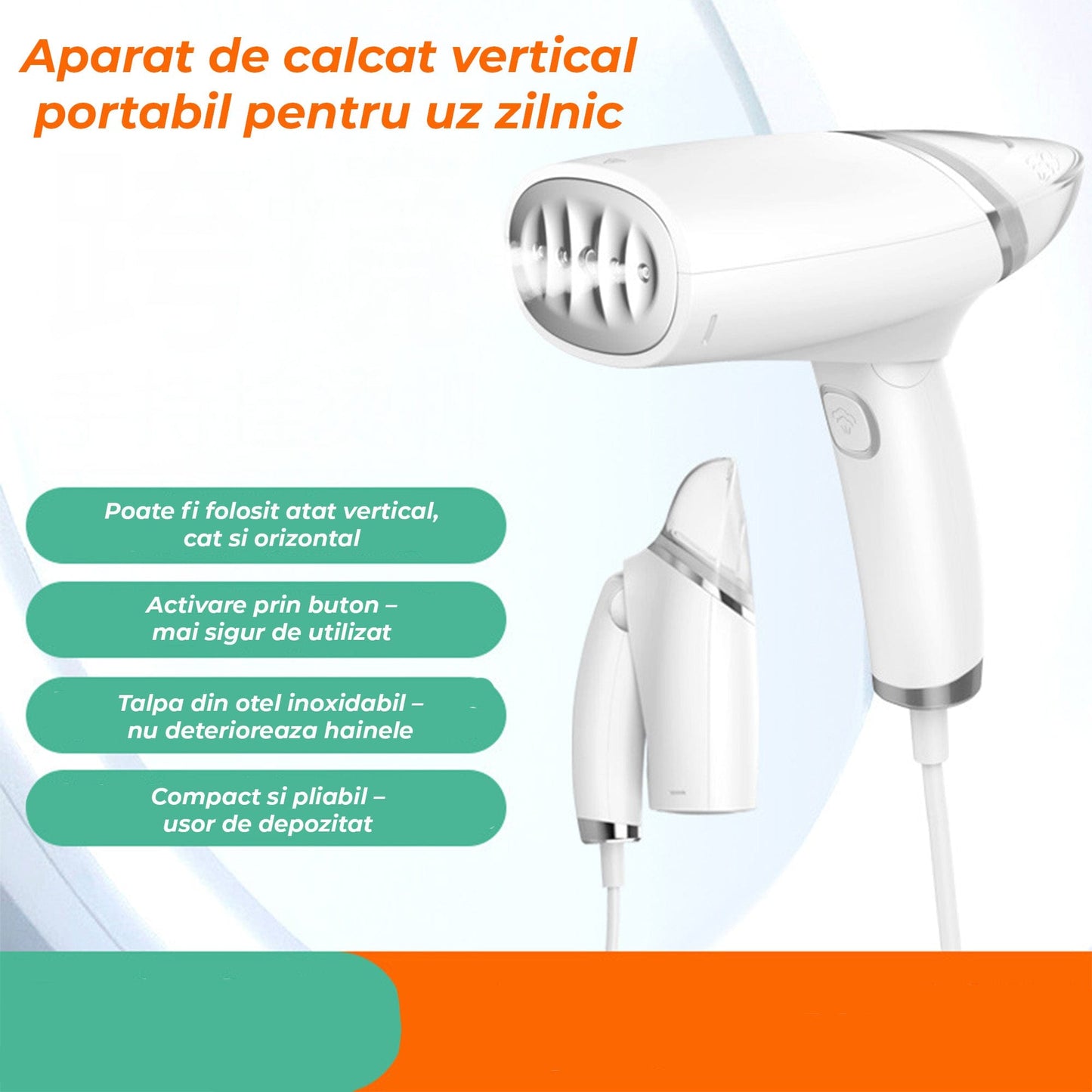 Steamer de Haine Portabil cu Aburi, 1000W, Compact si Pliabil, Alb