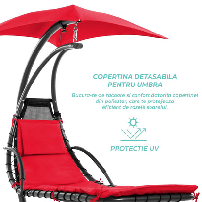 Balansoar tip Sezlong Suspendat de Exterior cu Copertina, Perna Ergonomica, Rosu