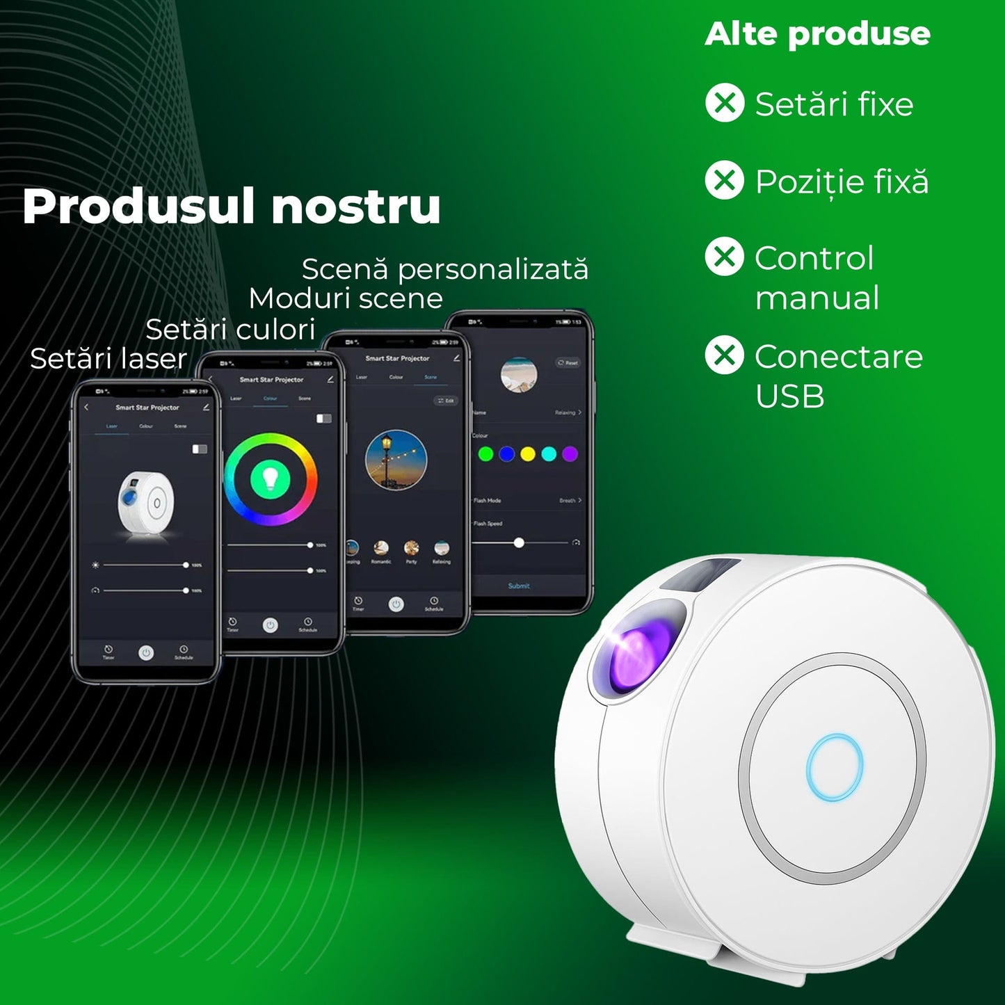 Lampa de veghe tip proiector stele cu aplicatie pe telefon