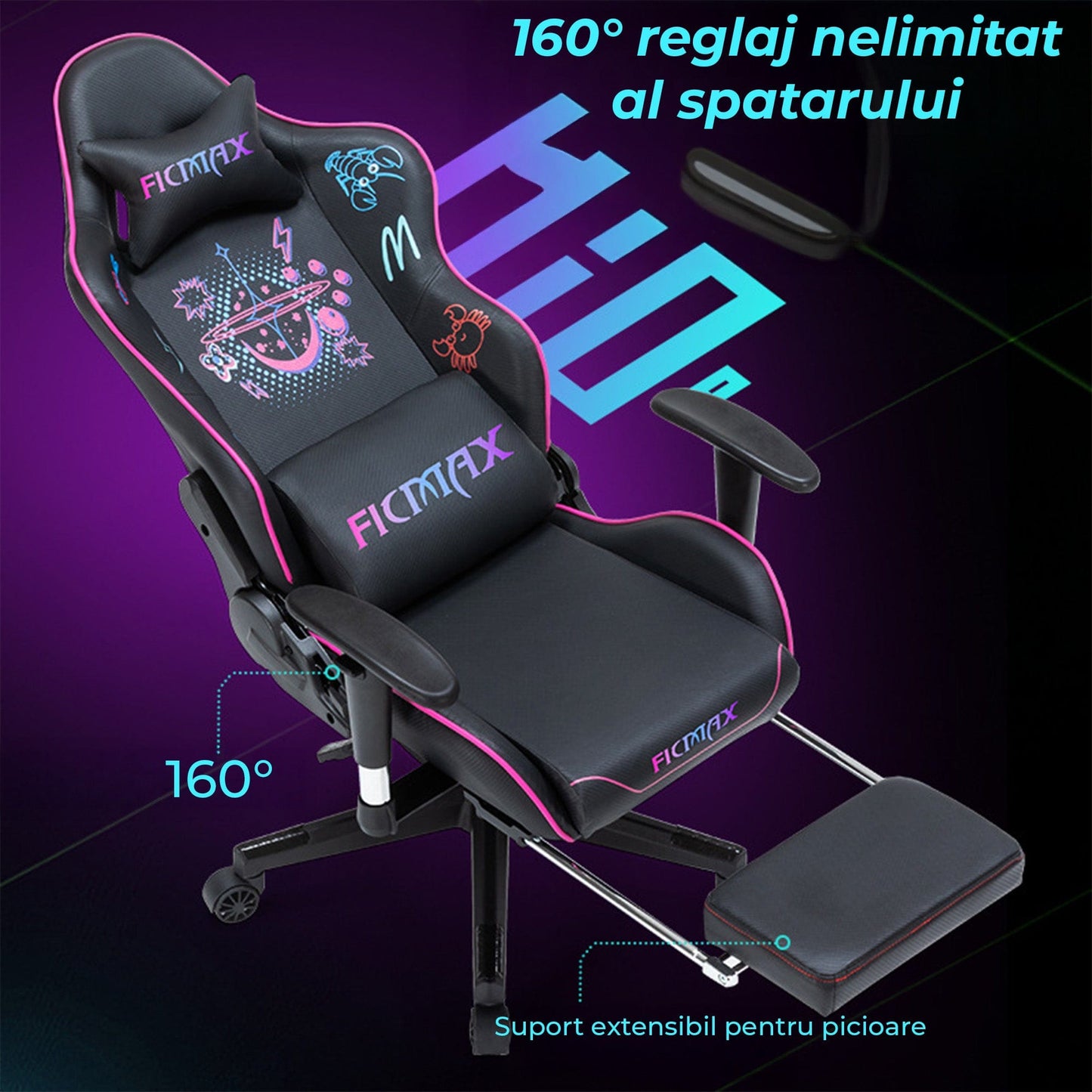 Scaun Gaming Timebox, 160°, Tetiera si Perna Lombara, Roz