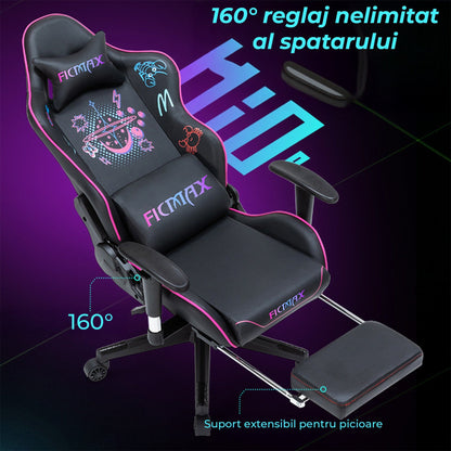Scaun Gaming Timebox, 160°, Tetiera si Perna Lombara, Roz