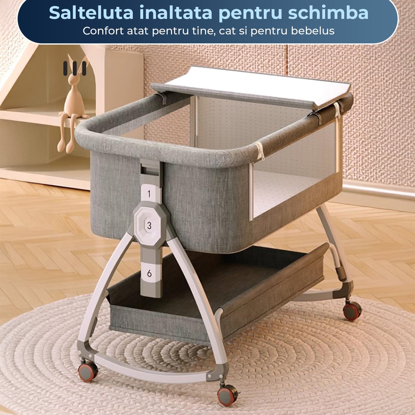 Patut Portabil pentru Bebelusi, Roti, Reglabil pe 6 Inaltimi, Gri