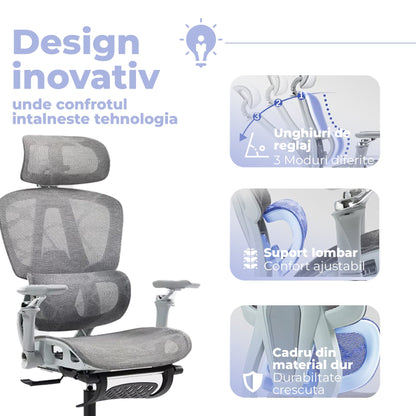 Scaun birou ergonomic Timebox, 360°, 9D armrest, 8D tetiera, Gri