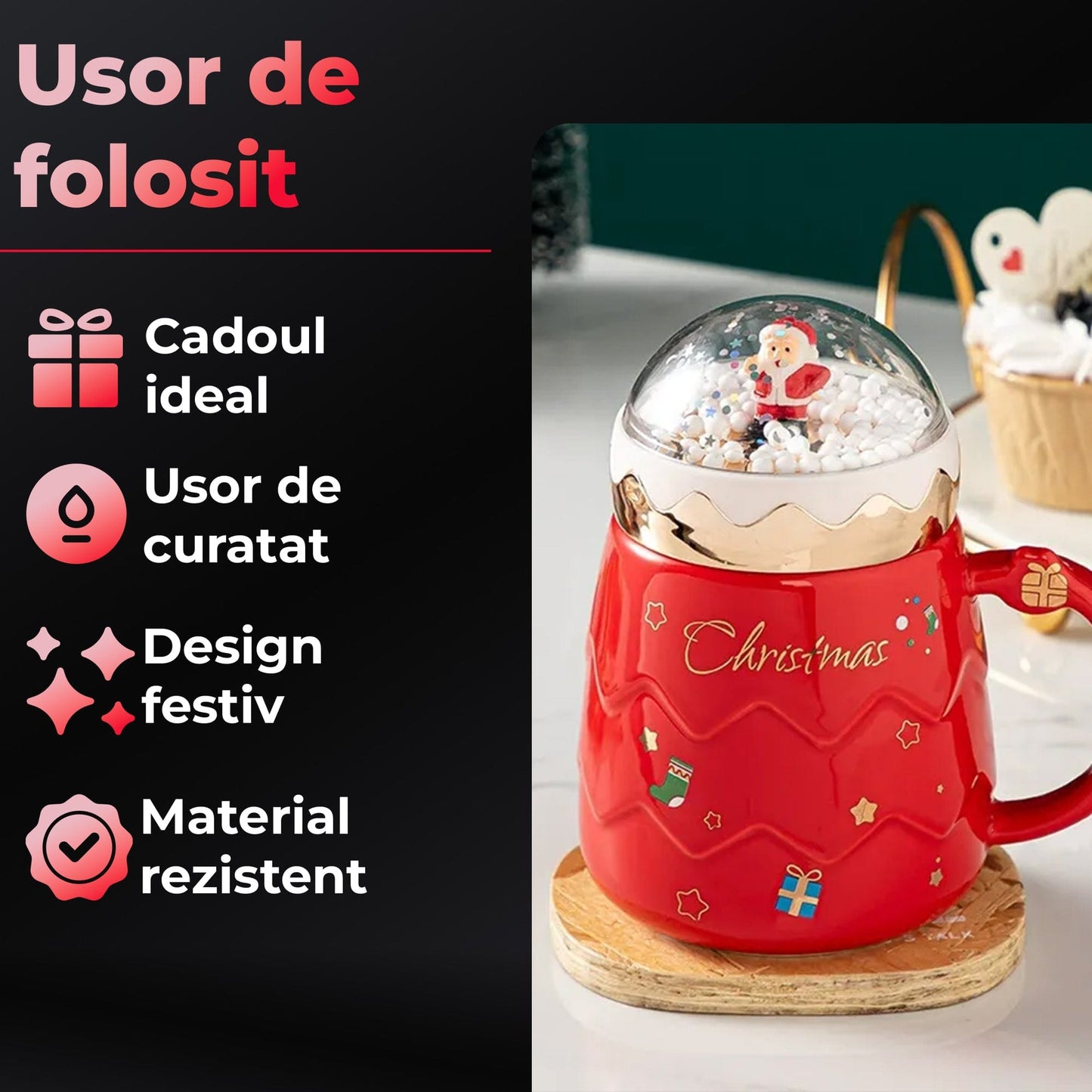 Cana ceramica cadou cu tematica de Craciun, Snow-globe, Capac & maner, Rosu