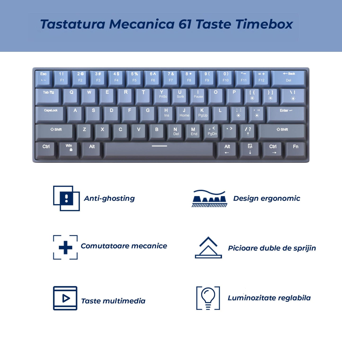 Tastatura Mecanica Timebox, 61 Taste, Keycaps PBT, Switch-uri Precise, Albastru