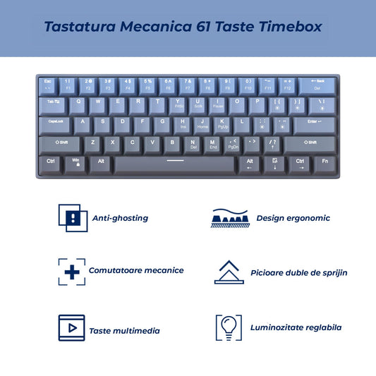 Tastatura Mecanica Timebox, 61 Taste, Keycaps PBT, Switch-uri Precise, Albastru
