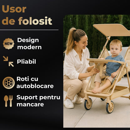 Carucior bebe pliabil, 4 roti 360°, Copertina solara, Bej