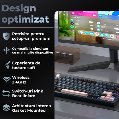 Tastatura Mecanica Wireless 75% Timebox, Hot-Swap, Gasket, Negru