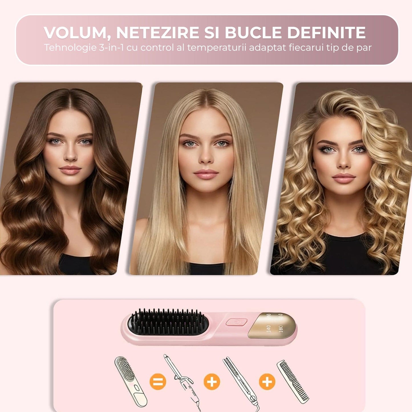 Perie Ionica pentru Indreptat si Ondulat Parul, Wireless, Placute Ceramice, Roz