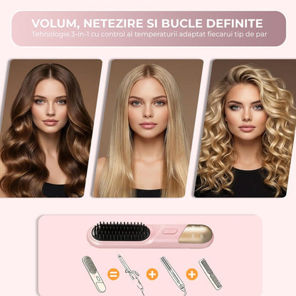 Perie Ionica pentru Indreptat si Ondulat Parul, Wireless, Placute Ceramice, Roz