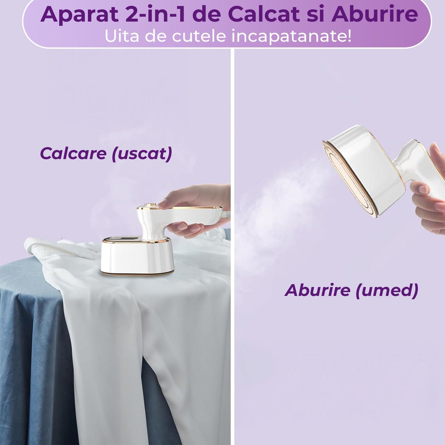 Mini Fier de Calcat si Steamer 2 in 1 pentru Calatorii, Incalzire Rapida 5s, Alb