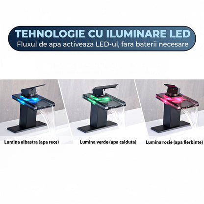 Baterie Chiuveta Baie cu LED si Efect de Cascada, Gura din Sticla, Negru Mat