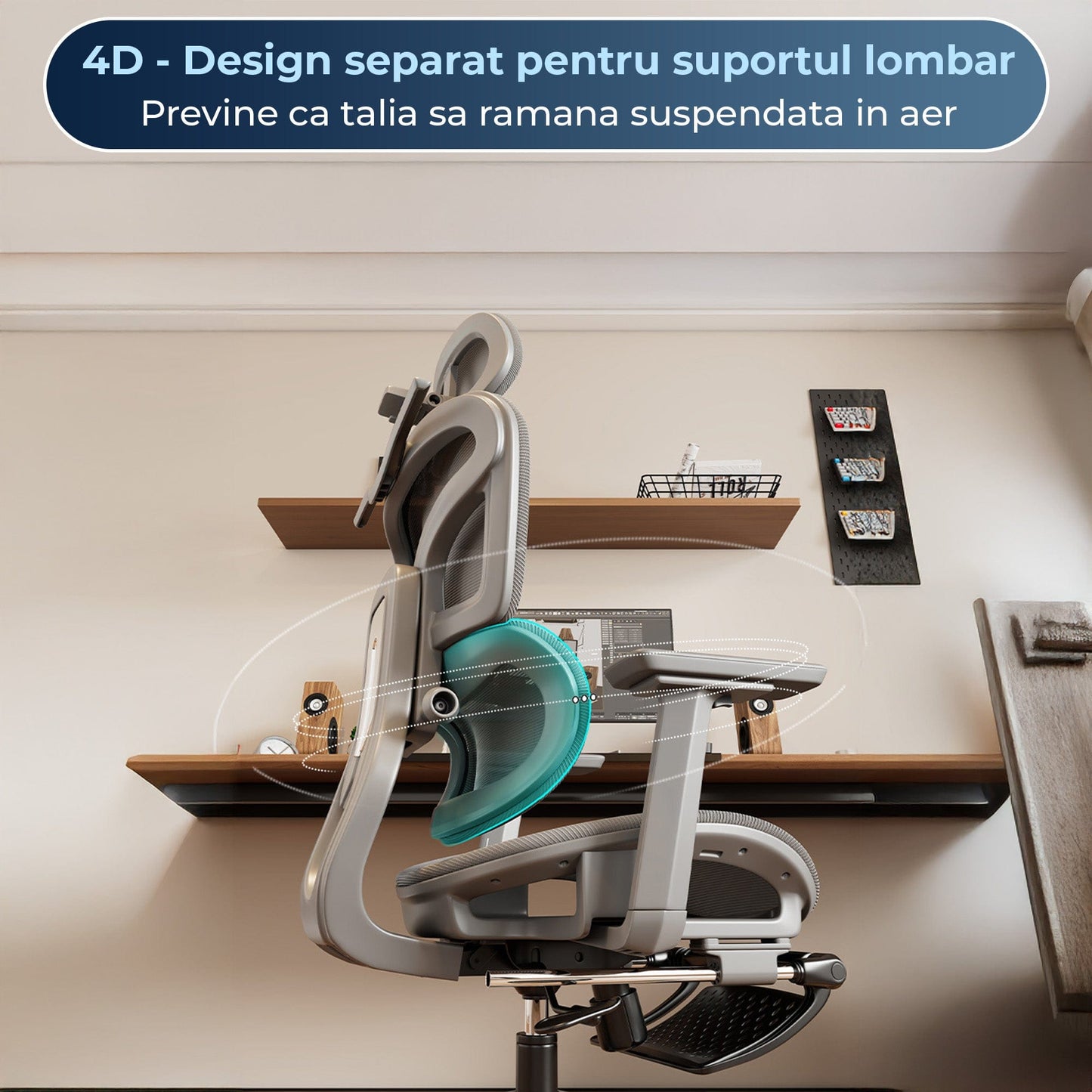 Scaun Ergonomic cu Suport Lombar, 360°, Gaming sau Studiu, Gri