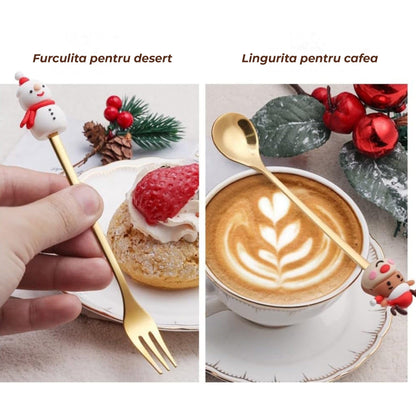 Set 6 Lingurite si Furculite Inox Craciun, Modele Festive cu Ren, Brad
