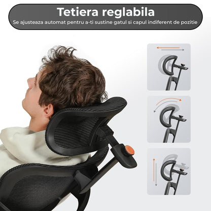 Scaun ergonomic birou 2 in 1, Cotiere 4D, Tetiera auto-follow, Negru