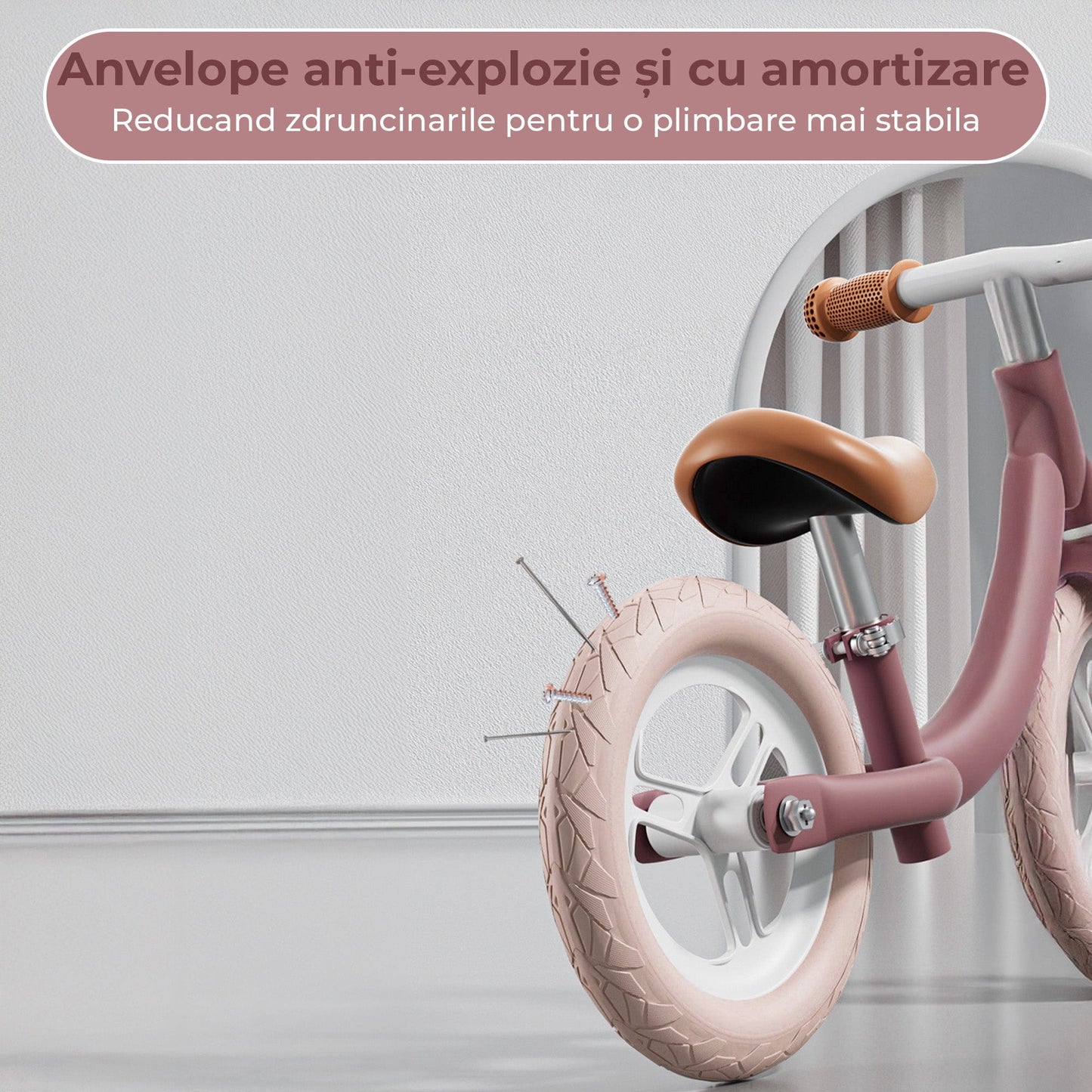 Bicicleta de echilibru Timebox, fara pedale, Roti anti-explozie 12/14 inch, Roz