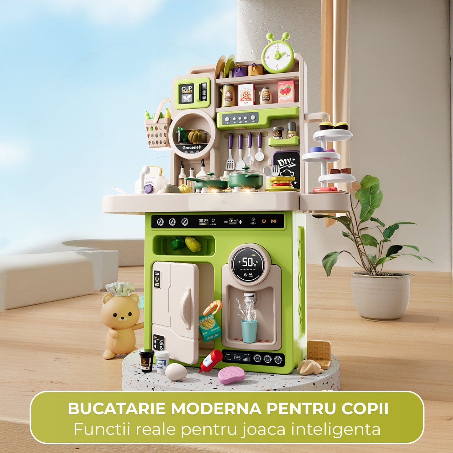 Set Bucatarie pentru Copii cu Abur Real, Apa Curenta, Sunete si Lumini, Verde