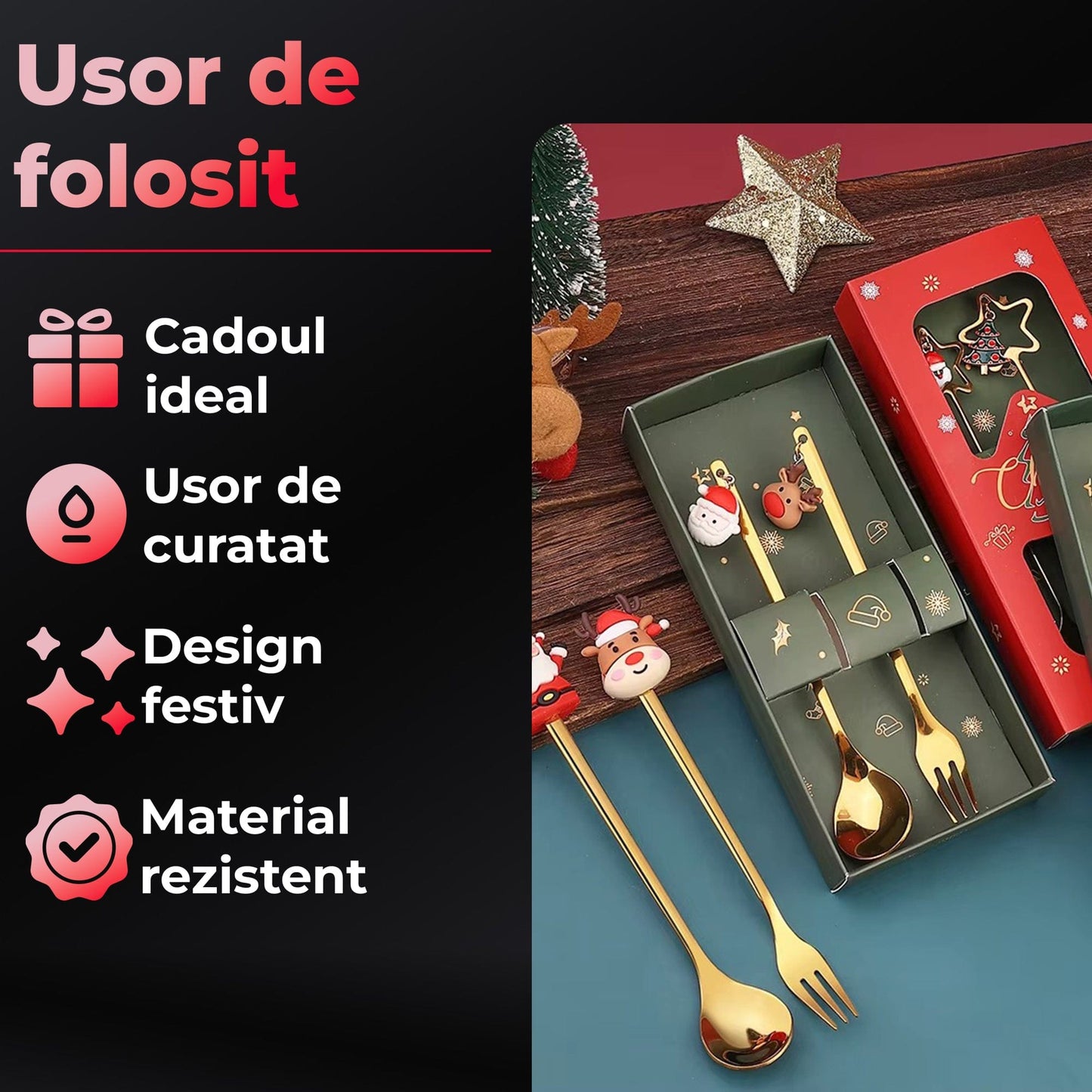 Set 2 Lingurite si Furculite Inox Craciun, Modele Festive cu Ren, Brad