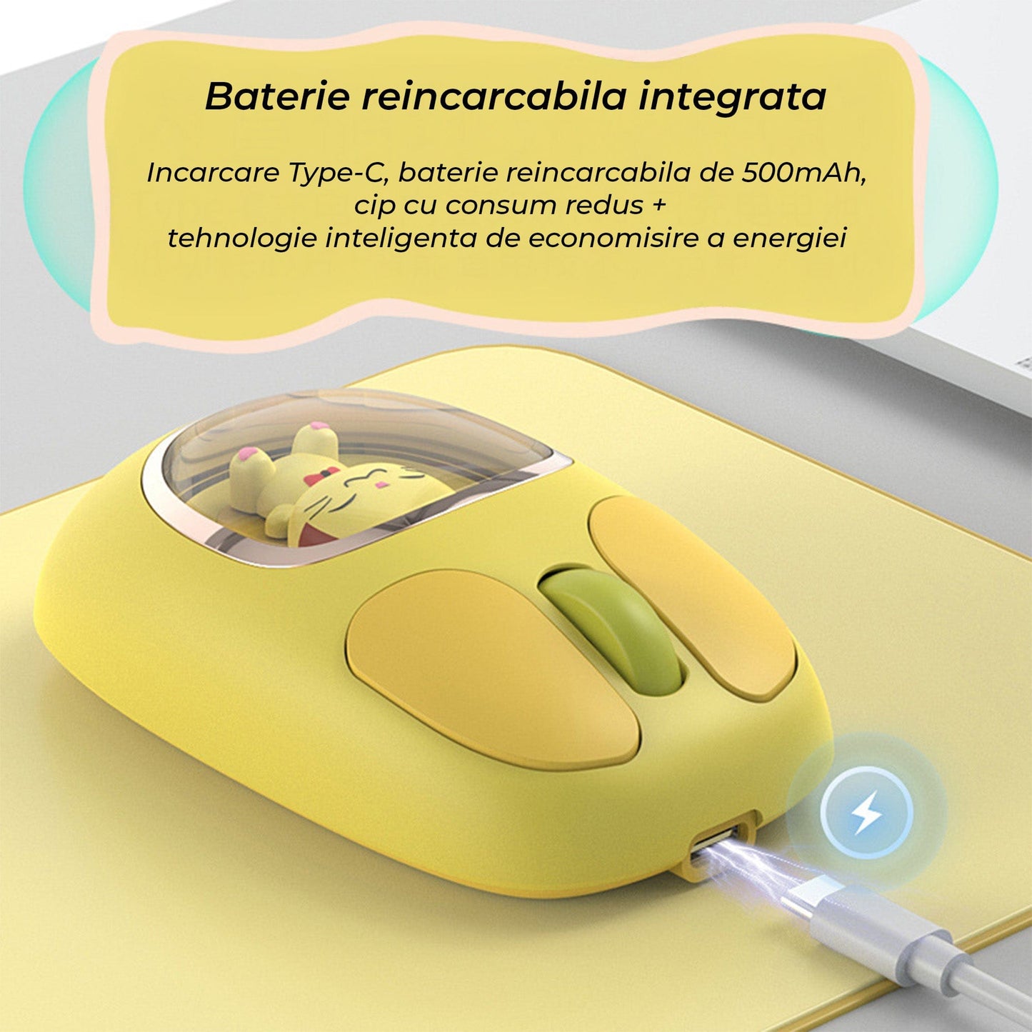 Mouse wireless Timebox, 1600 DPI, 4G + Bluetooth, Silentios, Galben
