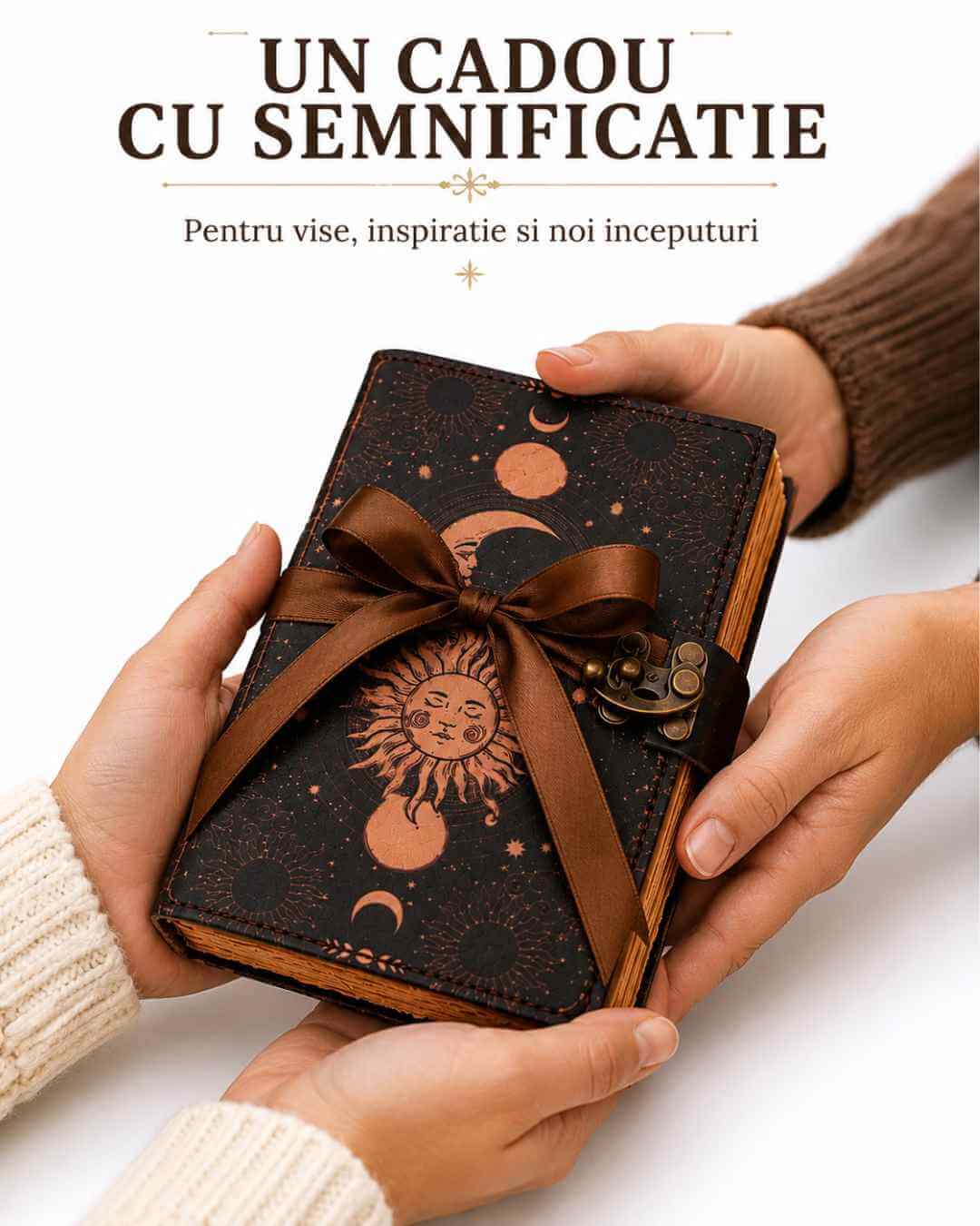 Jurnal Vintage din Piele cu Design Soare și Lună - Manual, cu Pagini de Hârtie Bumbac Galben 190-200 Pagini