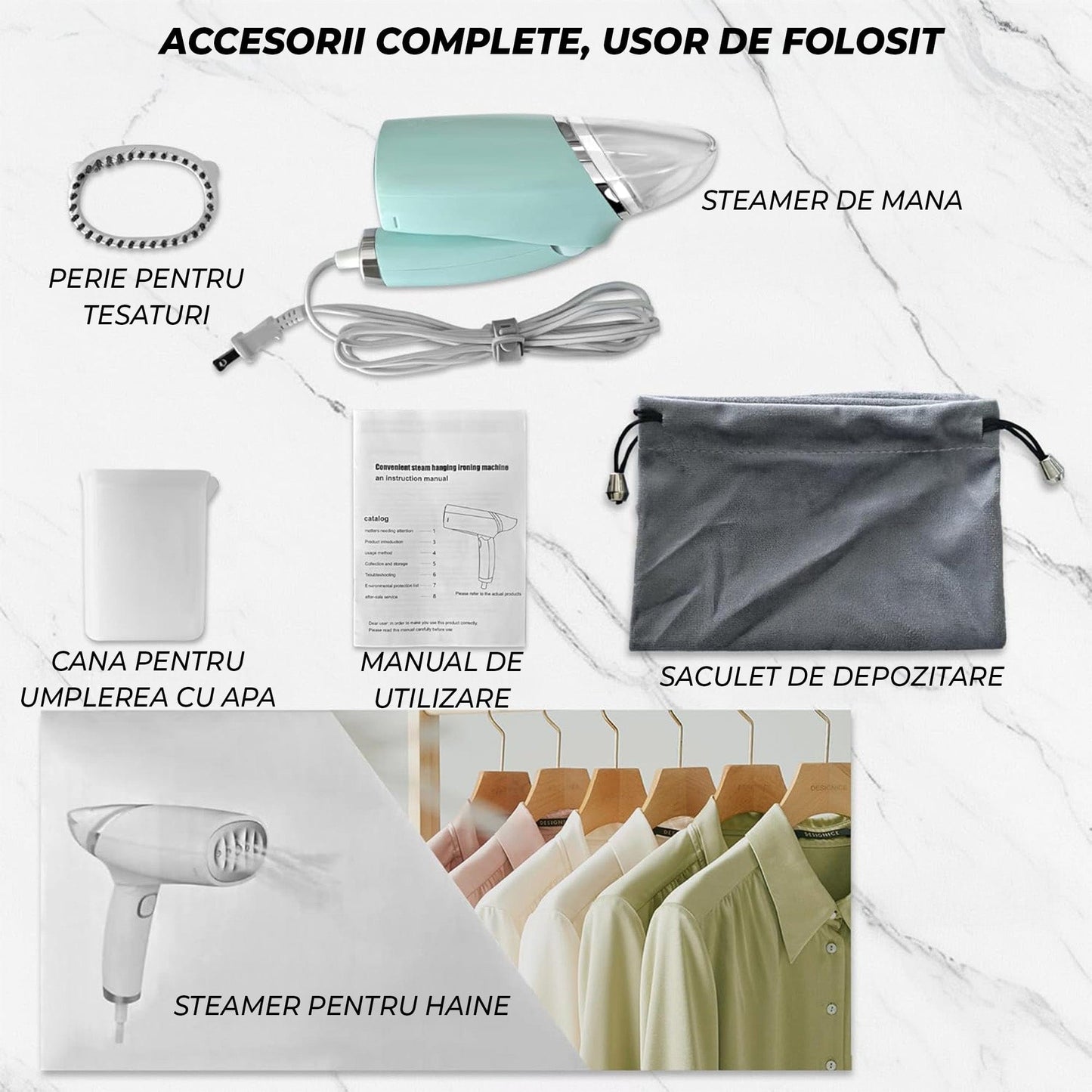 Steamer de Haine Portabil, 1000W, Compact si Pliabil, Verde