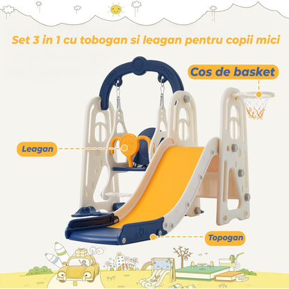 Set de Joaca 3 in 1 pentru Copii, Tobogan, Leagan si Cos de Baschet, Galben
