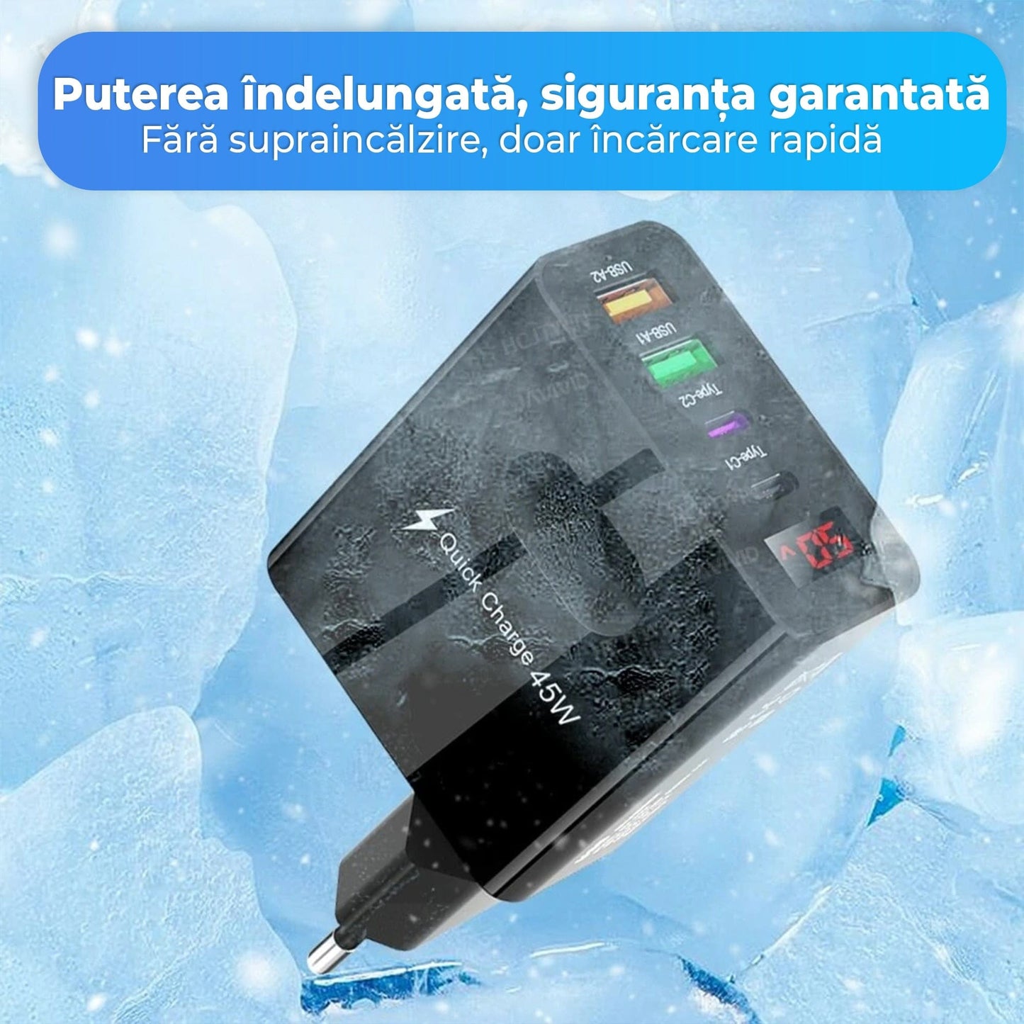 Incarcator Retea Timebox, 45W, cu 4 Porturi, 2 x Type-C si 2 x USB, Negru