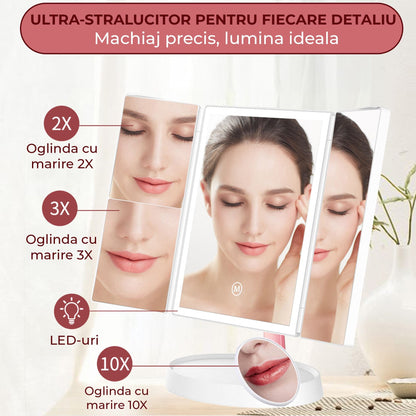 Oglinda Cosmetica Pliabila cu Iluminare LED, Trifold cu Marire 1X/2X/3X