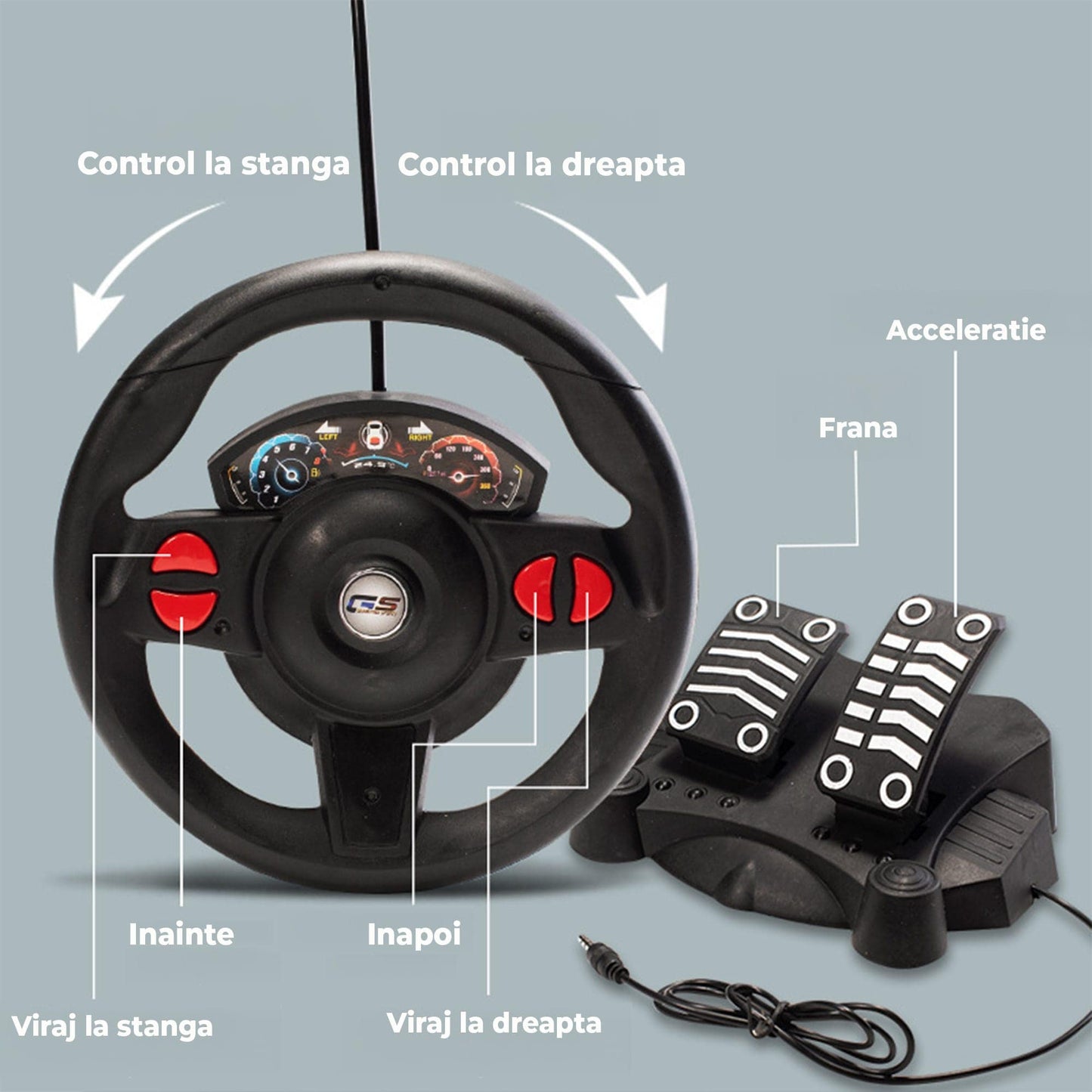 Masina cu Telecomanda tip Volan si Pedale Timebox, 1:16, Lumini LED, 4Ghz, Rosu