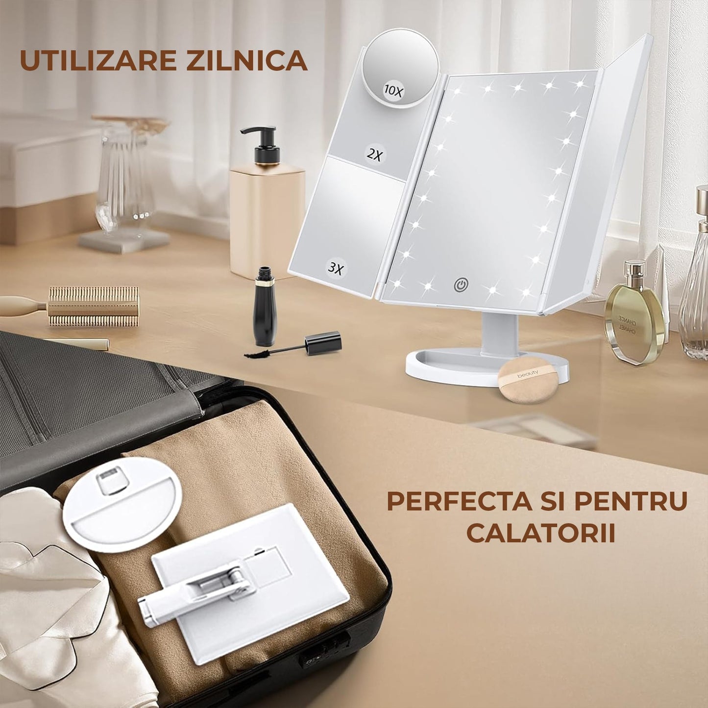 Oglinda Cosmetica cu Iluminare LED, 2X, 3X si 10X Marire, Alimentare USB sau Baterii