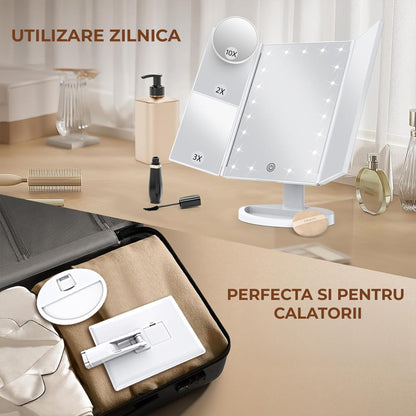 Oglinda Cosmetica cu Iluminare LED, 2X, 3X si 10X Marire, Alimentare USB sau Baterii