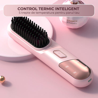 Perie Ionica pentru Indreptat si Ondulat Parul, Wireless, Placute Ceramice, Roz
