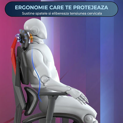 Scaun Gaming Ergonomic Reclinabil cu Plasa Respirabila, Cilindru Clasa 4, Negru