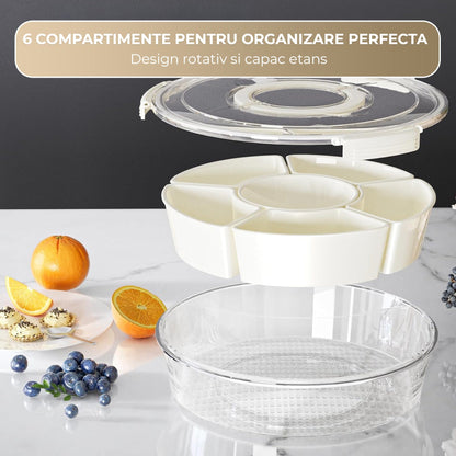 Cutie Alimentara Rotunda Mare 6 Compartimente, Model Rotativ, Bej