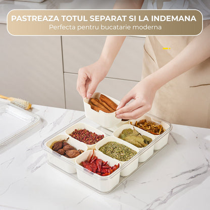 Cutie Alimentara 8 Compartimente Timebox, Etansa 800-1000Ml, Capac Sigur, Bej